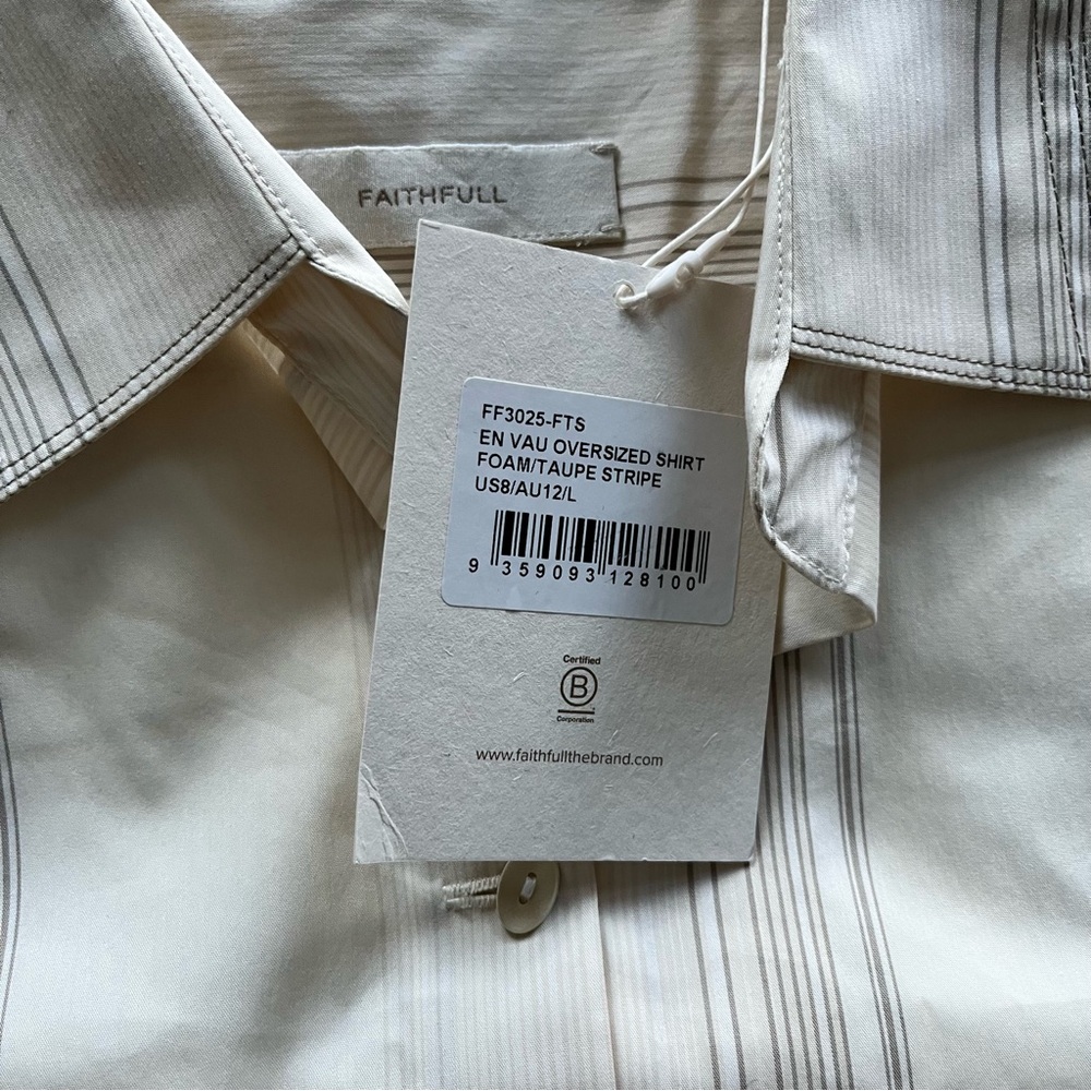NWT Faithfull the Brand En Vau Oversized Shirt in Foam & Taupe Stripe Size‎ L - Picture 10 of 11